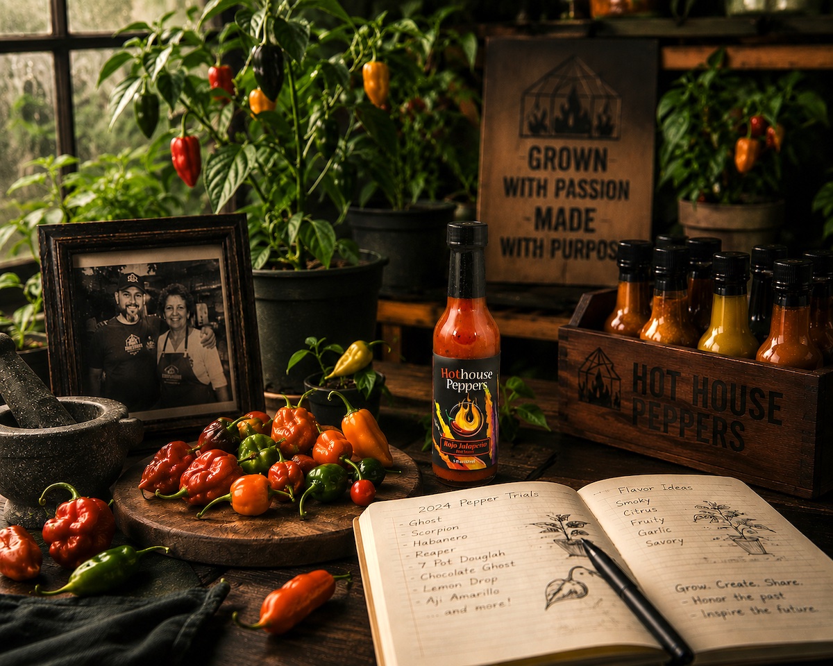 Image of homegrown peppers, recipes, and hot sauce bottles